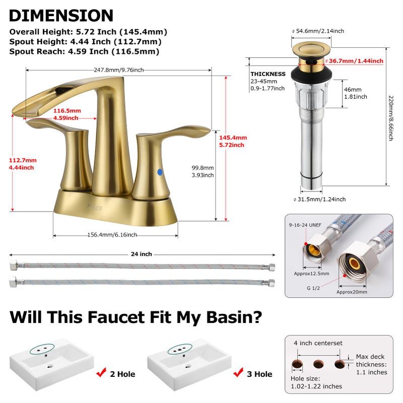 PARLOS 2 Handles Waterfall Bathroom Faucet with Pop-up Drain and Faucet Supply Lines, Brushed Gold, Demeter 1431708 - Image 5
